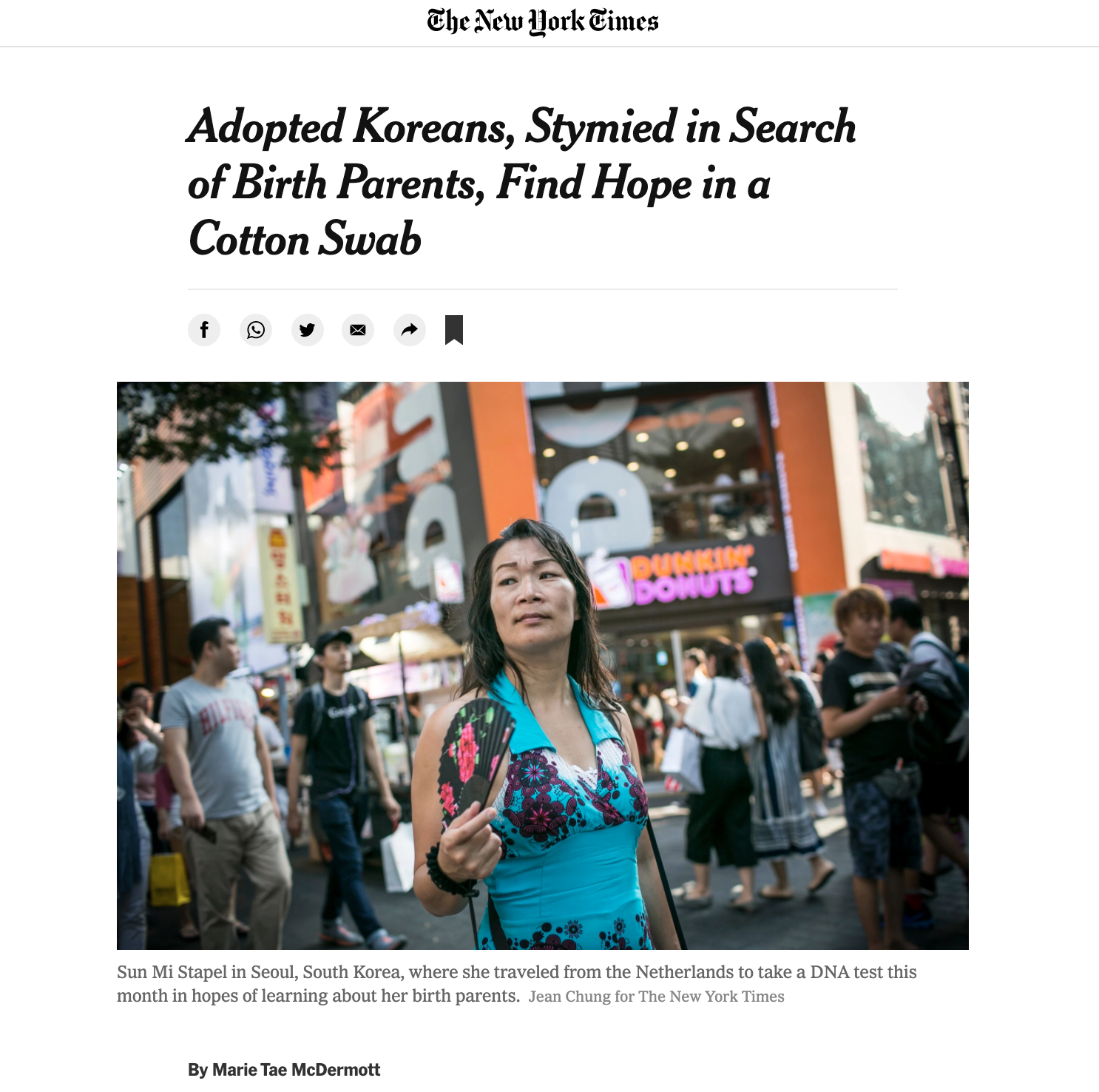 The New York Times, Adopted Koreans, Stymied in Search of Birth Parents, Find Hope in a Cotton Swab